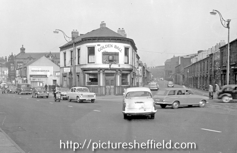 Golden Ball public house (later The Turnpike), No. 838 Attercliffe Road and junction of Old Hall Road showing terraced housing Nos. 4-28