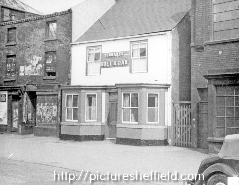 Bull and Oak public house (site of Sembly House), Nos. 76 - 78 The Wicker with Arthur Balfour and Co. Ltd., Capital Works (right)
