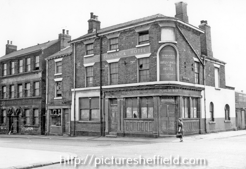 Derelict Brunswick Hotel, No. 54 Thomas Street at junction of Egerton Street, (closed 1964). Premises on left include Southern and Richardson Ltd., cutlery manufacturers, Don Cutlery Works