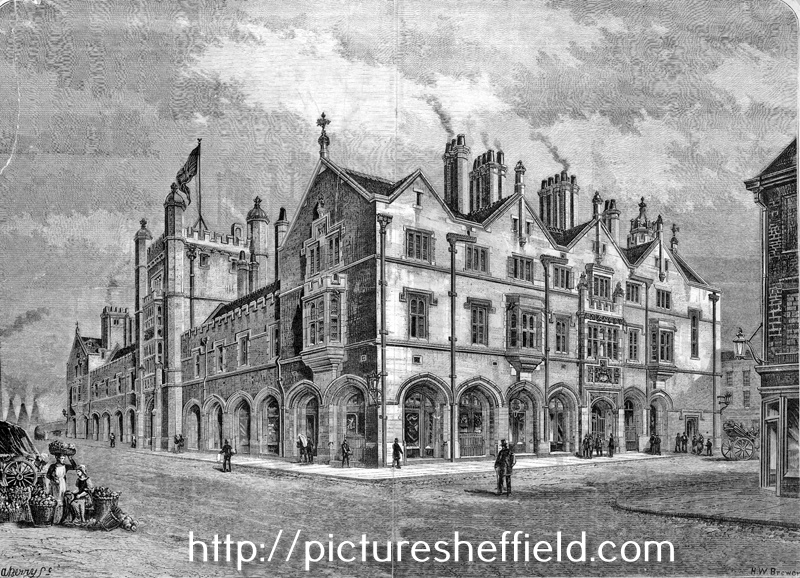 Engraving of the newly built Corn Exchange (built 1880-81). Broad Street, right