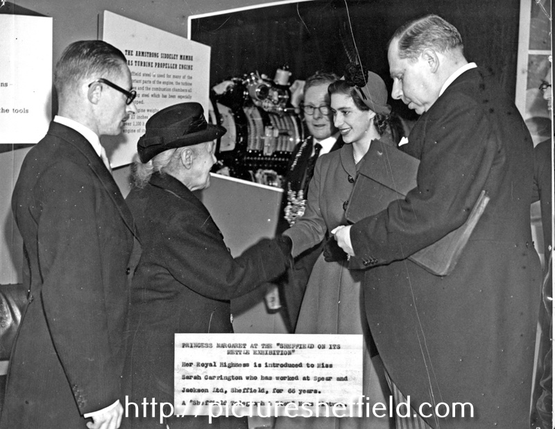 Princess Margaret is introduced to Miss Sarah Carrington who had worked at Spear and Jackson Ltd., for 66 years, at the 'Sheffield in its Mettle' exhibition, Cutlers' Hall