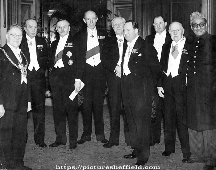 Cutlers Feast, Cutlers' Hall. Group include Lord Mayor, William Ernest Yorke, far left, Viscount Bruce of Melbourne, 2nd left and Lord Riverdale, 2nd right and the High Commisioner of Pakistan, right