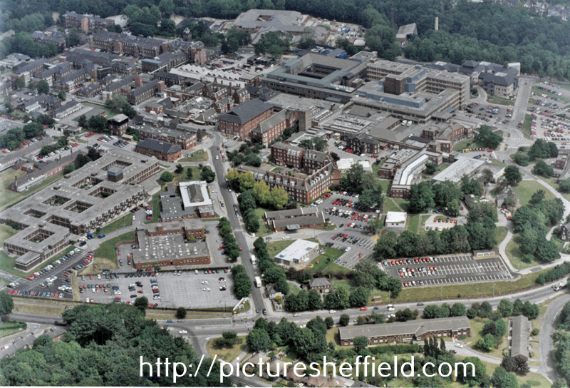 Aerial view of the Northern General Hospital, with the new Spinal Injuries Unit (top centre) and Brearley Wing  (top right hand corner) Herries Road in foreground