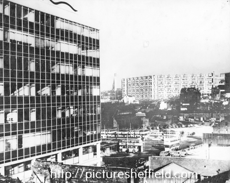 View of Park Hill Flats taken from the College of Commerce and Technology. Pond Street Bus Station in foreground