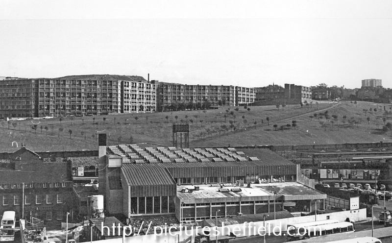 View across Sheaf Valley towards Park Hill (southern end). Construction of Sheaf Valley Baths in foreground