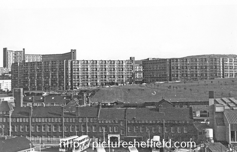 View across Sheaf Valley towards Park Hill Flats. Works belonging to Joseph Rodgers and Sons, Sheaf Island Works and Pond Street bus station in foreground