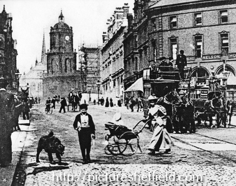 Moorhead looking towards Pinstone Street and St. Paul's Church. Nelson Hotel on right