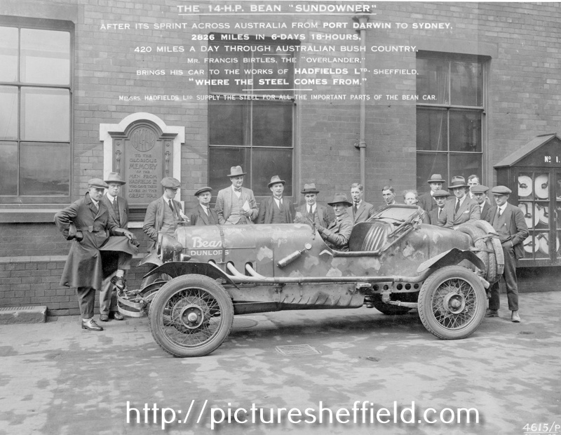 14-H.P. Bean 'Sundowner' after its sprint across  Australia. Mrs Francis Birtles brings his car to the works of Hadfields Ltd, where the steel comes from