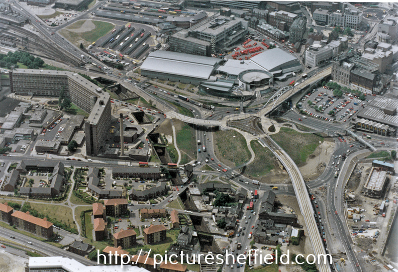 Aerial view showing Ponds Forge Sports Centre, Park Square and part of Park Hill Flats. Duke Street, centre. Sheaf Street and Commercial Street, top. Pond Street bus station, top left