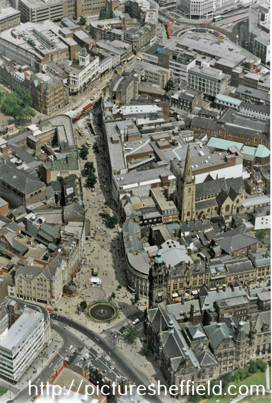 Aerial view of Fargate area. Town Hall, foreground. St. Marie's RC Church, Norfolk Row, centre, right. High Street, top