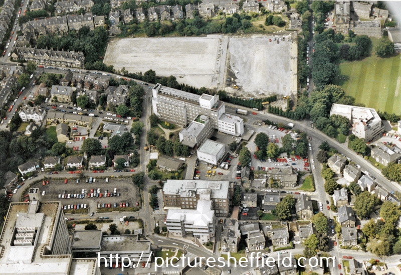 Aerial view of Broomhill area. Weston Park Hospital and the University Sports Ground being redeveloped, Whitham Road, centre, Northumberland Road and Western Bank, right. Tree Root Walk, centre. Royal Hallamshire Hospital, bottom, left