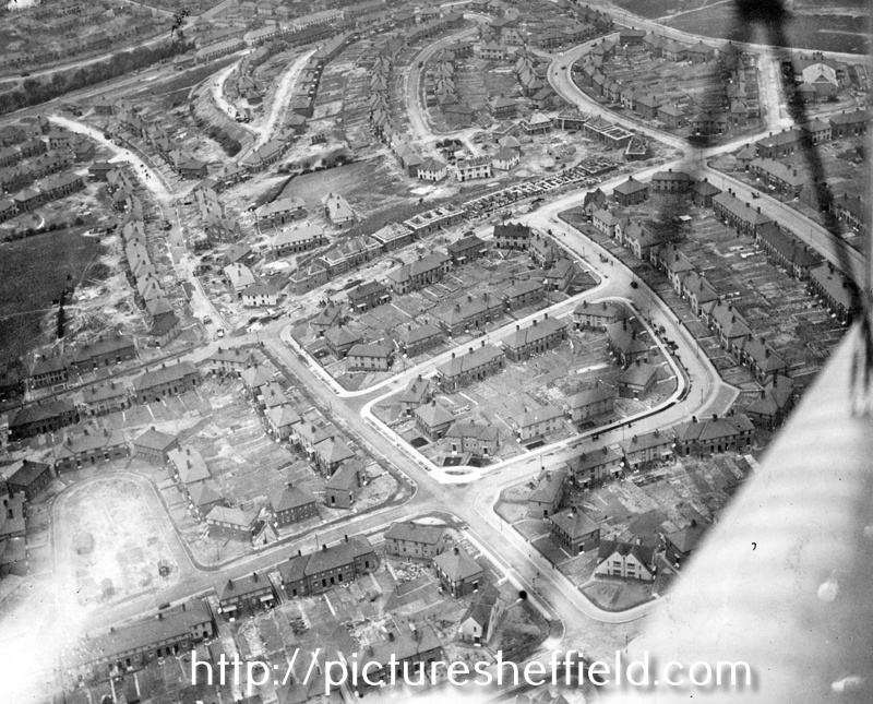 Aerial view of Parson Cross Estate. Roads in foreground include Barrie Road, Barrie Drive and Barrie Crescent. Galsworthy Road, centre, back. Roads in background include Donovan Road, Morgan Avenue and Pollard Crescent