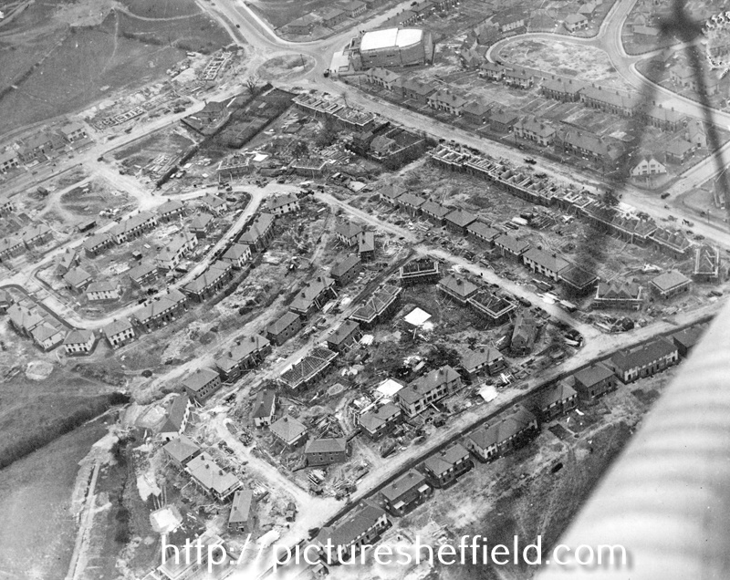 Aerial view of Parson Cross Estate during construction. Ritz Cinema, top, centre at junction of Southey Green Road and Wordsworth Avenue. Palgrave Road, Meynell Road and Palgrave Crescent in foreground