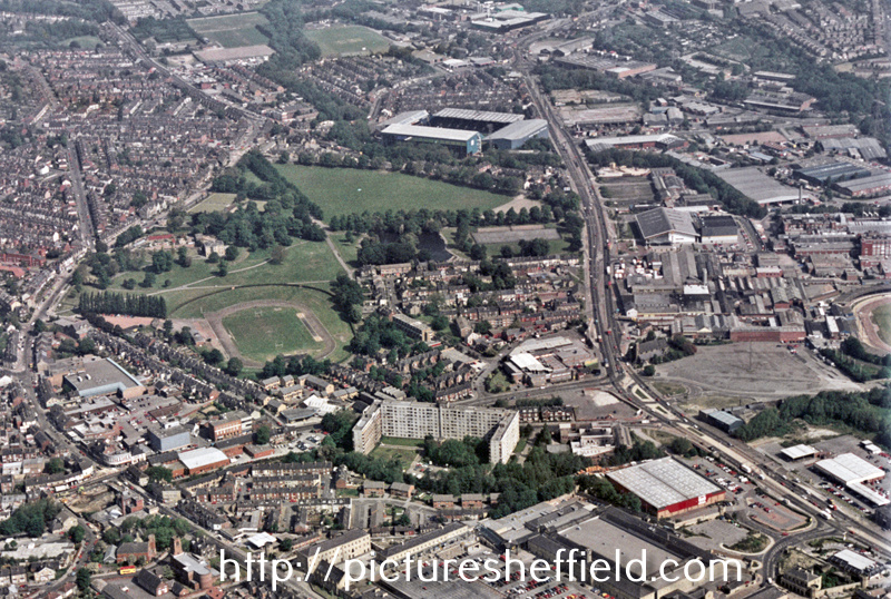 Aerial view of Hillsborough showing Sheffield Wednesday Football Ground, top left, Regent Court Flats, Hillsborough Barracks and Hillsborough Park, centre, foreground. Roads include Penistone Road, right, Bradfield Road and Middlewood Road, left