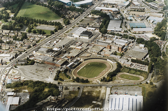 Aerial view of Owlerton. Owlerton Stadium, Livesey Street, foreground. Penistone Road, left. Sheffield Wednesday Football Ground, top centre, and Owlerton Stadium