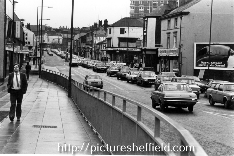 London Road looking towards the junctions with Beeley Street and Lansdowne Road showing premises including, Nos. 30/32 Beamers Restaurant; Lansdowne Hotel; 42, Dawson Brothers Ltd., dress fabrics, London Road 