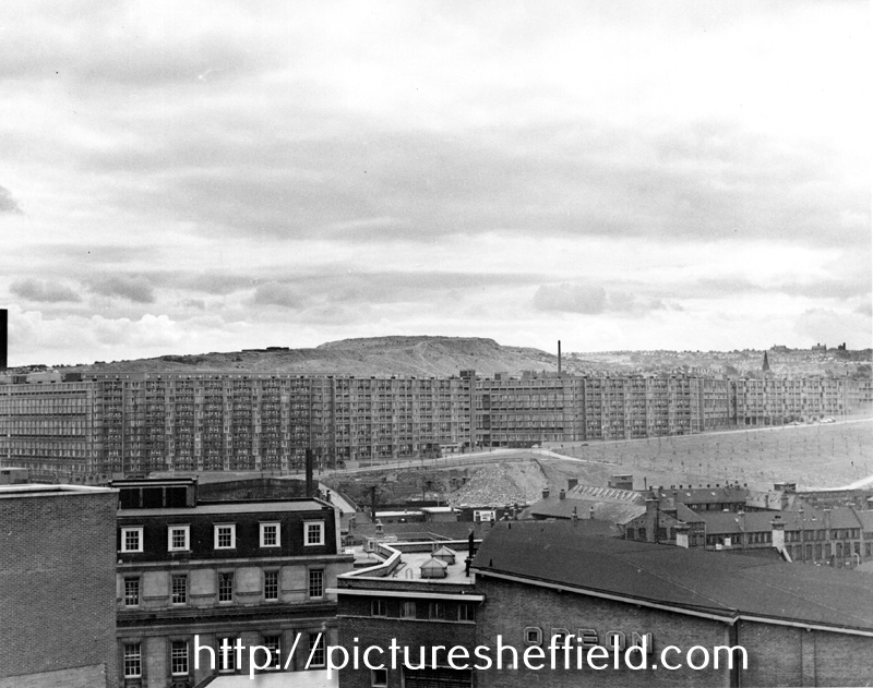 Elevated view of Park Hill Flats with the Odeon Cinema; General Post Office, Flat Street and Joseph Rodgers and Sons Ltd., Sheaf Island Works in the foreground