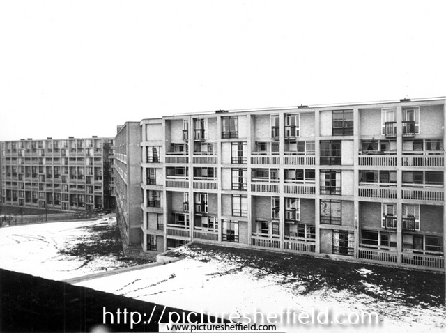 Elevated view of Park Hill Flats in the snow
