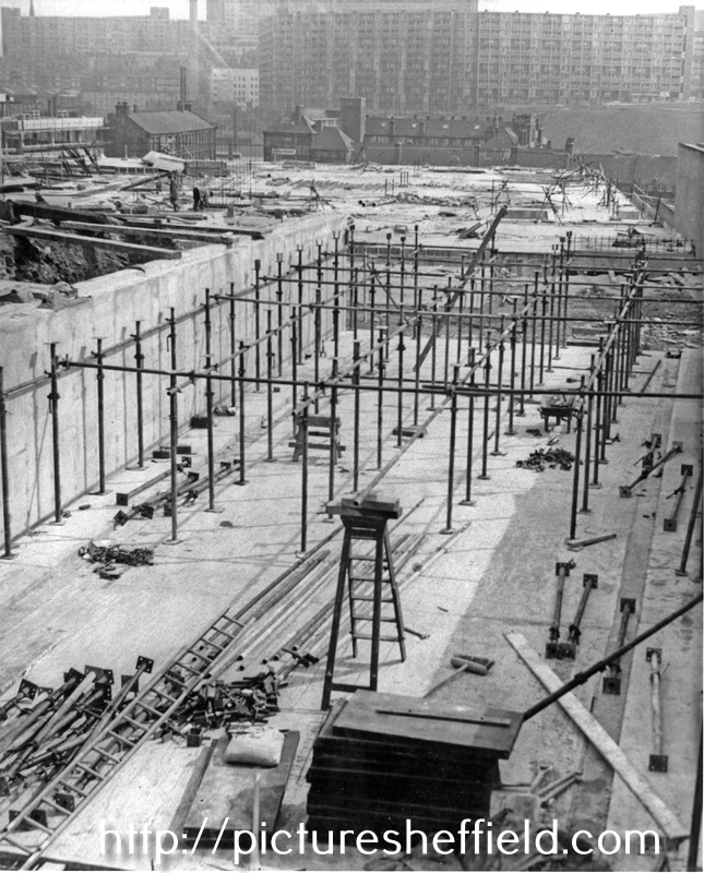 Construction work on Eyre Street with Park Hill Flats in the background