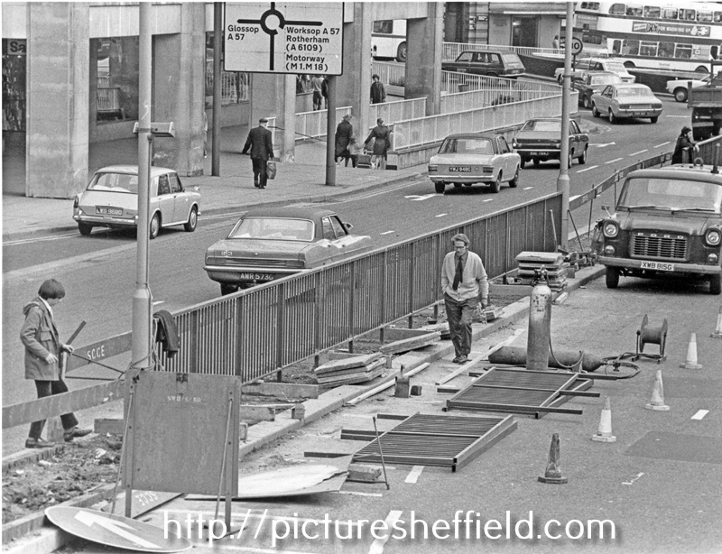 Arundel Gate looking towards The Hole in the Road- new barriers being erected in attempt to make pedestrians use the subways