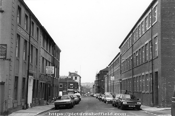 Arundel Street, Nos. 105 Herbert M. Slater Ltd., Venture Works, pocket knife manufacturers; 107/9 George Ellis (Silversmiths) Ltd. and right, Sheffield Science Park, Cooper Buildings formerly Cooper Brothers and Sons Ltd., Don Plate Works, silversm