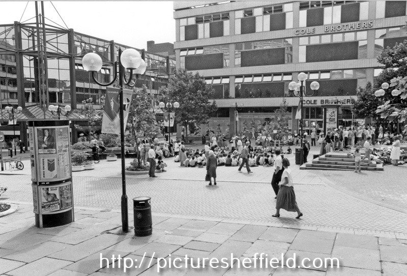 Paved area, Barkers Pool with Odeon Cinema, Burgess Street and Cole Brothers in the background