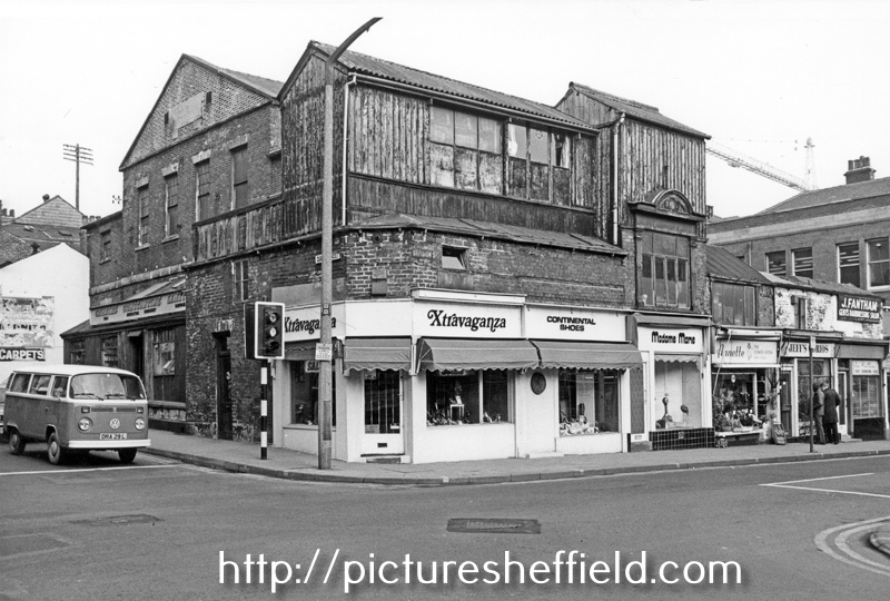 No. 36 Charles Constantine Ltd., wholesale ironmongers, Carver Street; Nos. 30 Xtravaganza, continental shoes; 26-28, Madame Marie (Milliners) Ltd.; 24, The Flower Kiosk; 22, Jeff's Curios and 20, J. Fantham, hairdressers, Division Street
