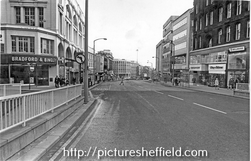 High Street during the one day bus strike on Polling Day showing Nos. 11 - 15 Bradford and Bingley Building Society (left); Nos. 18 Bellman Scotch Wool Shop; 20 Lilly and Skinner Ltd. and 22 Hector Powe Ltd., tailors