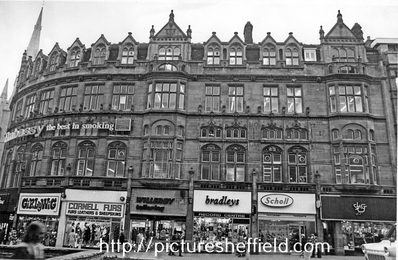 Carmel House; Nos. 53 Girlywig, wig specialists; 55 Cornell Furs, furriers; 57 Willerby and Co. Ltd., tailors; 59 Bradleys Music; musical instruments; 61 Dr. Scholl Ltd., leg and foot care and 63 Stag Ltd., menswear, Fargate