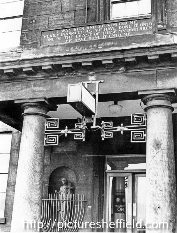 Inscription over the main entrance to the Royal Infirmary with Faith sculptured by Sir Francis Chantry (left)