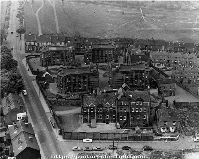 Elevated view of Winter Street Hospital from the junction with Winter Street and Dart Square with housing on Mushroom Lane and Summer Street (right)