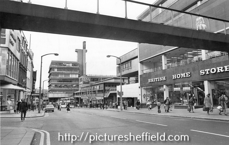 Haymarket from the junction with King Street looking towards Castle Market (showing) Nos. 12 - 18, British Home Stores, department store and 20 - 22 Montague Burton Ltd., tailors with the footbridge in the top foreground