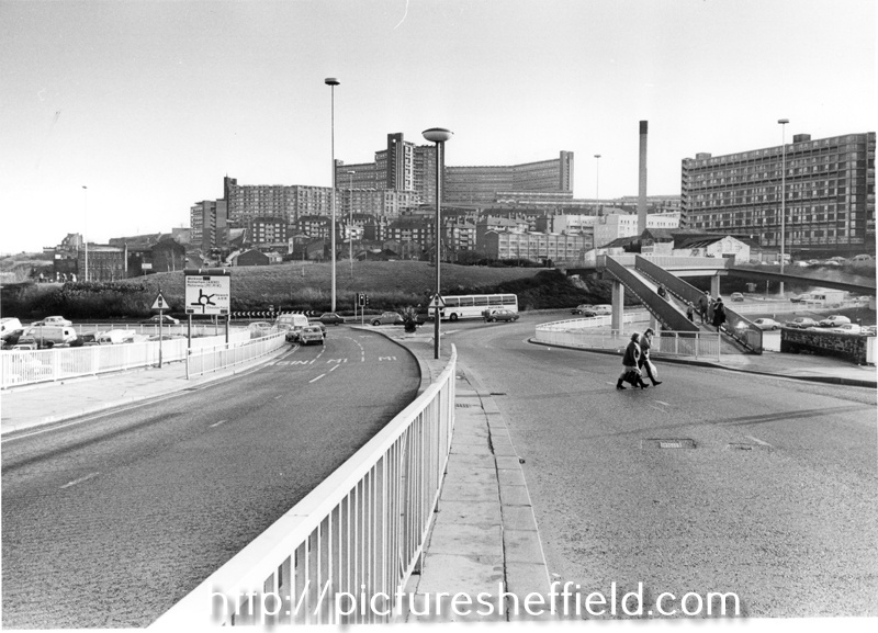 Commercial Street looking towards Park Square roundabout; Hyde Park Flats and Park Hill Flats (left)