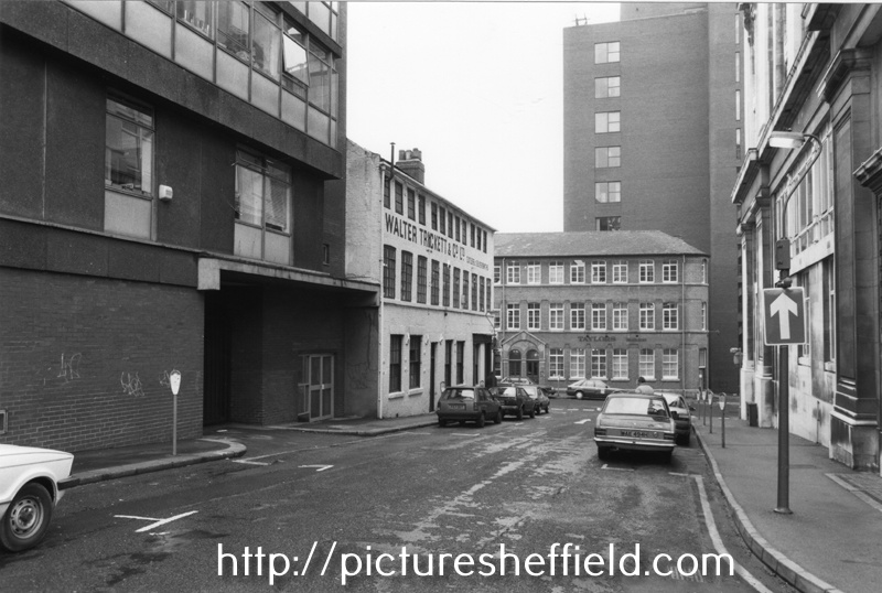 Holly Street looking towards Taylors, The Red Brick House, solicitors, Trippet Lane with Walter Trickett and Co. Ltd., spoons, forks and cutlery manufacturer, Anglo Works left