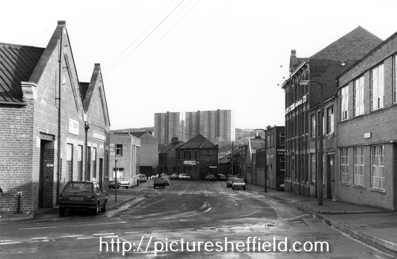 J. Elliot and Sons Sheffield Ltd, Sylvester Works, cutlers (right) and Eldon Engineering Co. Ltd., Sylvester Street looking towards No. 87-91, Edley Brothers, Sidney Street and Silvester Gardens with Claywood Flats in the background