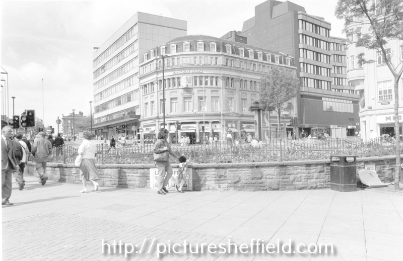 Goodwin Fountain, Fargate with Barkers Pool left and Leopold Street right showing (left to right) New Oxford House Offices;Yorkshire House and H.L Brown and Son Ltd, jewellers and Fountain Precinct Offices