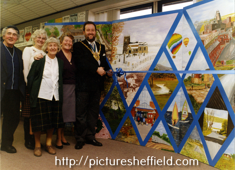 Councillor Ian Saunders, Lord Mayor, 1994 - 95 with a mural at Waterthorpe Library (later renamed Crystal Peaks) 