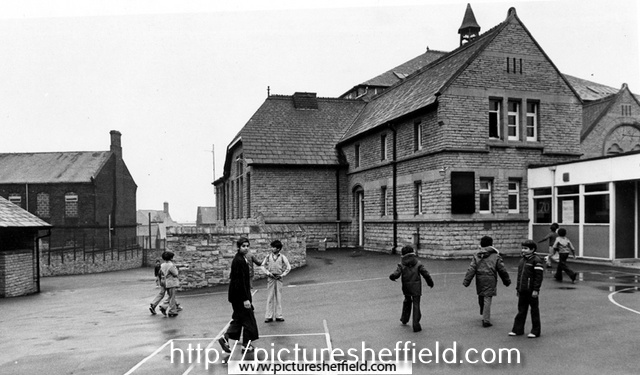 Huntsman's Gardens County School from the Bodmin Street side of playground  with the former Attercliffe Wesleyan Chapel Sunday School left