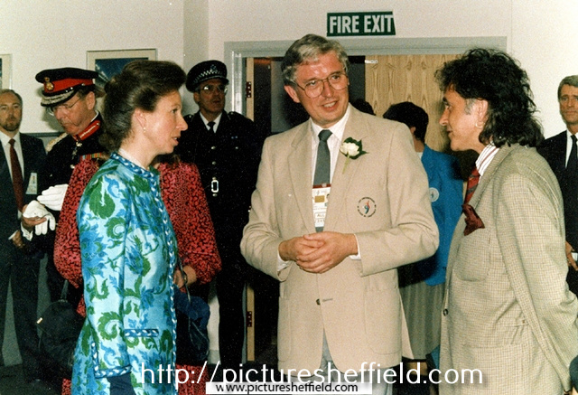 Princess Anne at Albion House, Savile Street with David Essex (Patron of the World Student Games Cultural Festival) and Ray Gridley (Director of the World Student Games Secretariat) for royal visit at the opening of the World Student Games