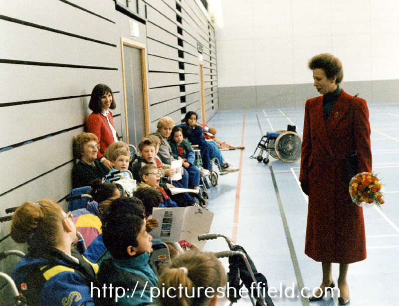 Princess Anne with children watching wheelchair basket in the Sports Hall as part of the official opening of Ponds Forge Sports Centre in the run up to the World Student Games