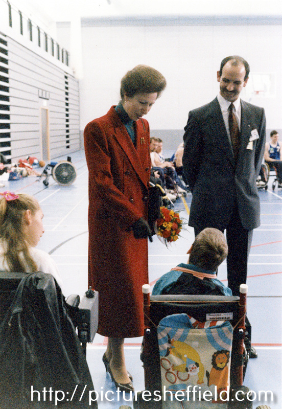 Princess Anne meets children watching wheelchair basketball in the Sports Hall during the offical opening of Ponds Forge Sports Centre