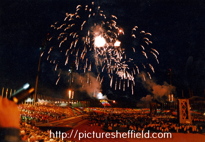 Firework display at the World Student Games opening ceremony at Don Valley Stadium
