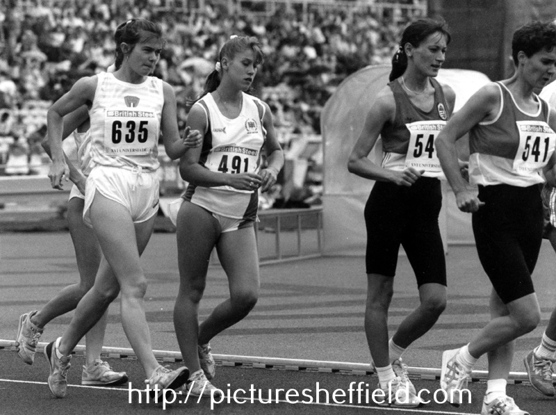Womens 10k.walk at Don Valley Stadium during the World Student Games with No. 491, Vicky Lupton from Sheffield  2nd from left