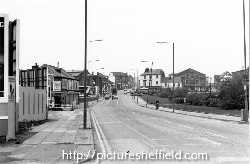 From the junction of Fell Road looking towards Nos. 870-862 (left), Attercliffe Road with the Adelphi Picture Theatre, Vicarage Road right