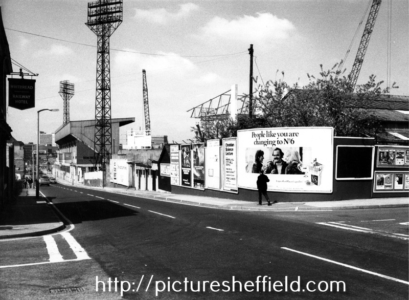 General view of Bramall Lane from the junction of Hill Street (left) and Cherry Street (right) looking towards Bramall Lane football ground 