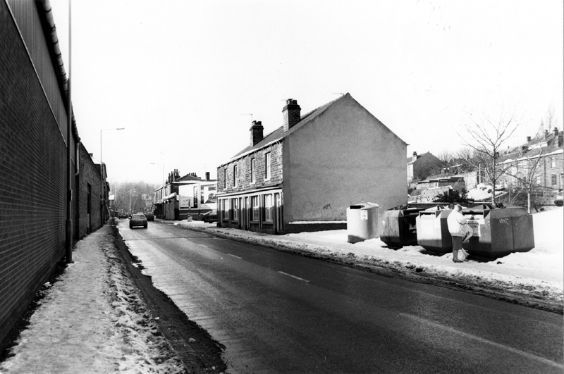 Recycling container area and Nos. 178-184, Holme Lane looking towards the Malin Bridge Inn