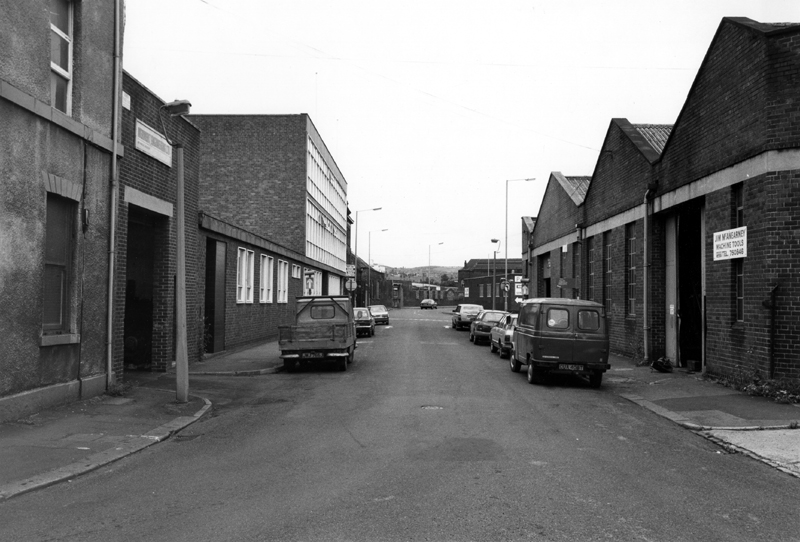 Lancaster Street looking towards Neepsend Lane with Jim McAnearney Machine Tools right  and Herbert (the sign appears to read Herbert?) Engineering Ltd. left
