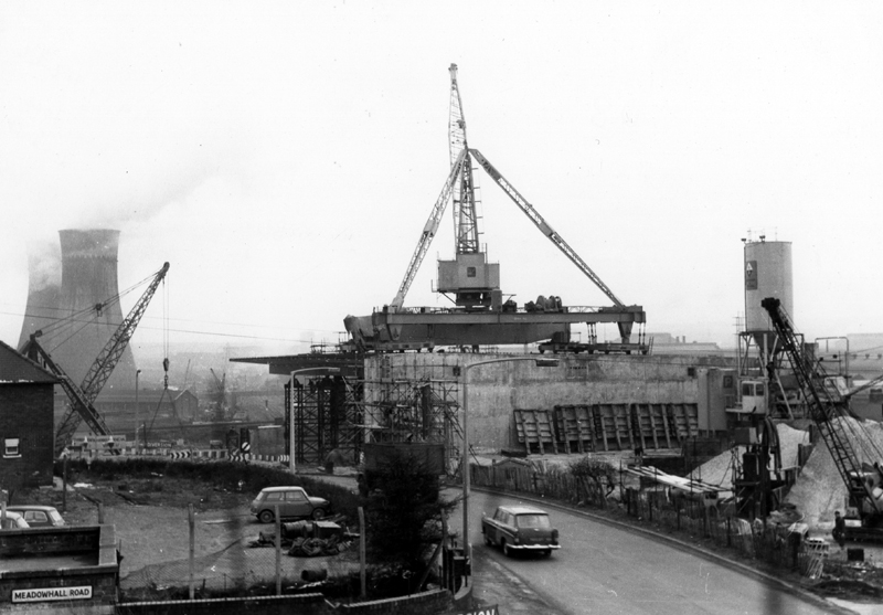 Construction of Tinsley Viaduct, M1 Motorway with Cooling Towers of Blackburn Meadows Power Station in the background