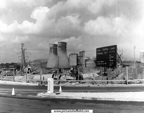 Construction of Tinsley Viaduct, M1 Motorway with the Cooling Towers of Blackburn Meadows Power Station in the background