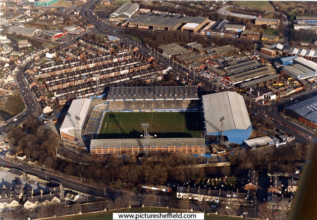 Aerial view Hillsborough football ground with Leppings Lane left; Penistone Road right; Catch Bar Lane and Parkside Road (bottom